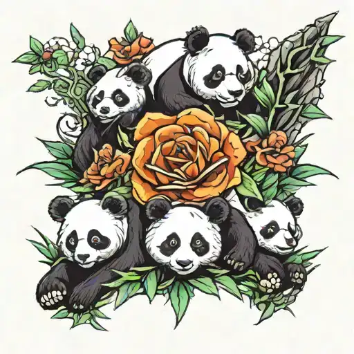 Panda With Three Cubs Playing
