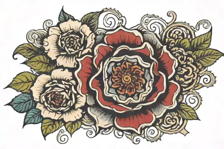 Tudor Rose In Centre Of Chest With Beaches Going Out Towards Shoulders