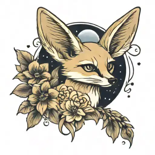 Fennec With Flowers And Moon