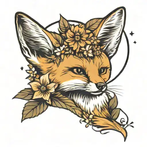 Fennec Fox With Flowers And A Small Moon And Sun