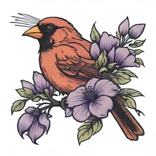 Female Cardinal Holding Purple Flowers