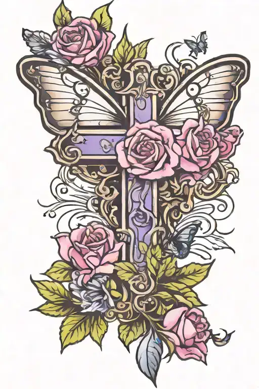 A Christian Cross Wrap With Violet Flower And Prim Roses And Butterfly