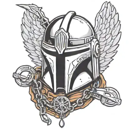Mandalorian Helmet With Valkyrie Wings And Mjolnir On A Chain