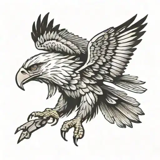 The Image Shows A Detailed Black And White Illustration Of A Eagle With A Large Wing Spread