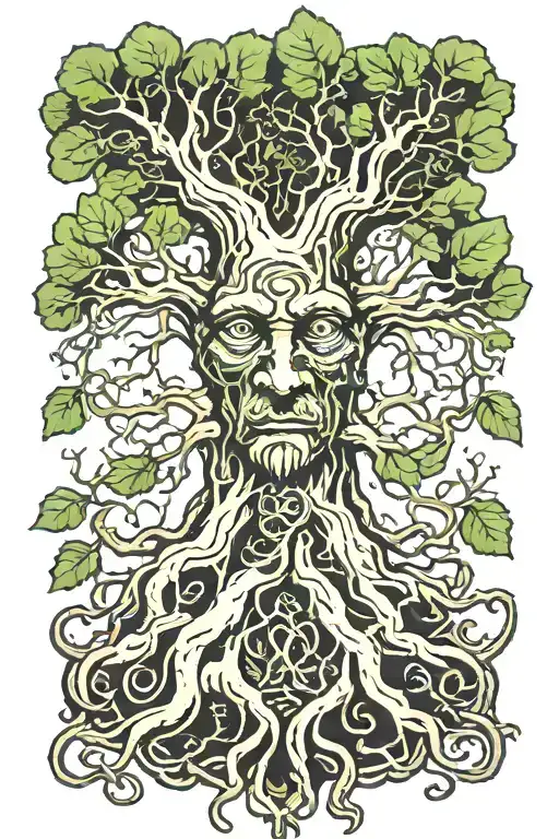 Tree With Roots And Green Man Face Within Trunk