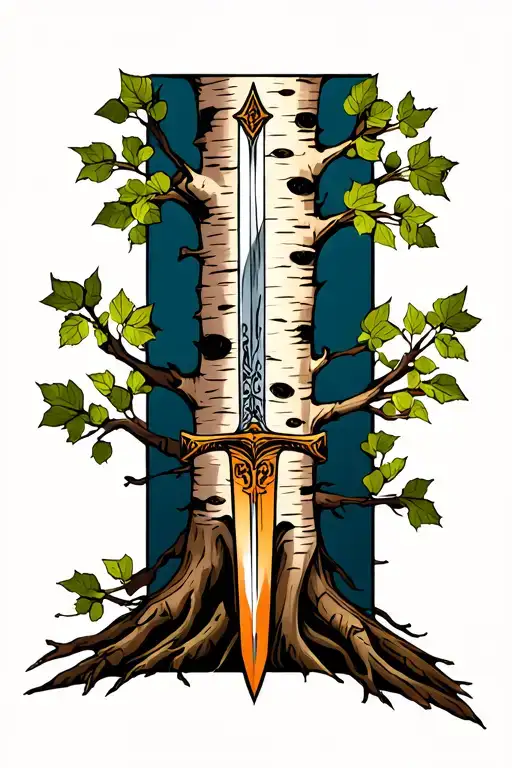 Birch Tree With A Sword Going Through It On The Top