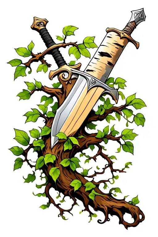 Birch Tree With Sword Winding Through It And Vines Crawling Up The Blade