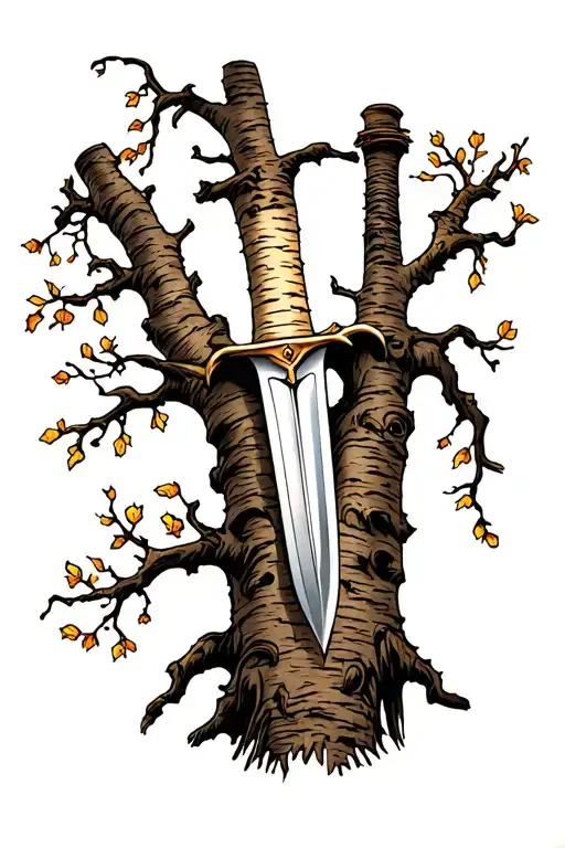 Birch Tree With Sword Piercing It And With Omne Bonum En Fine Carved In The Bark