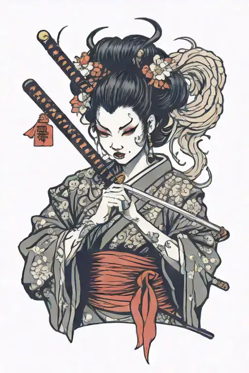 Demon Geisha Holding A Katana With Camille Name Written
