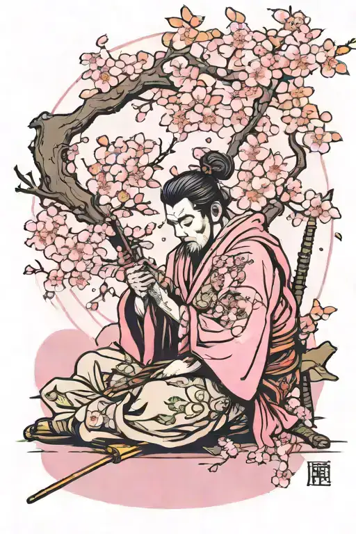 Sleeping Ronin With Katana Under A Large Pink Cherry Blossom Tree