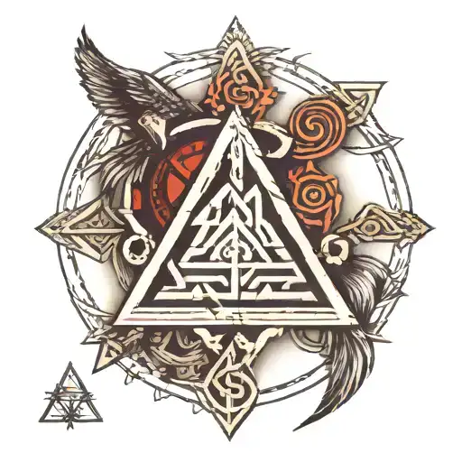 Gungnir Symbol With Vegvisir Symbol And Valknut Symbol On Sholder Where Each Symbol Can Be Seen