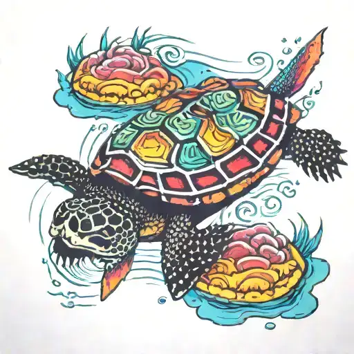 Turtle Swimming Underwater Surrounded By Rainbow