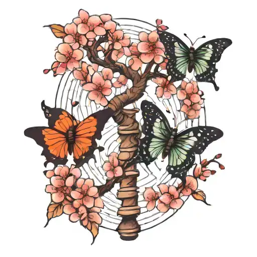 Dark Dna Shaped Tree Cherry Blossoms With 3 Butterflies