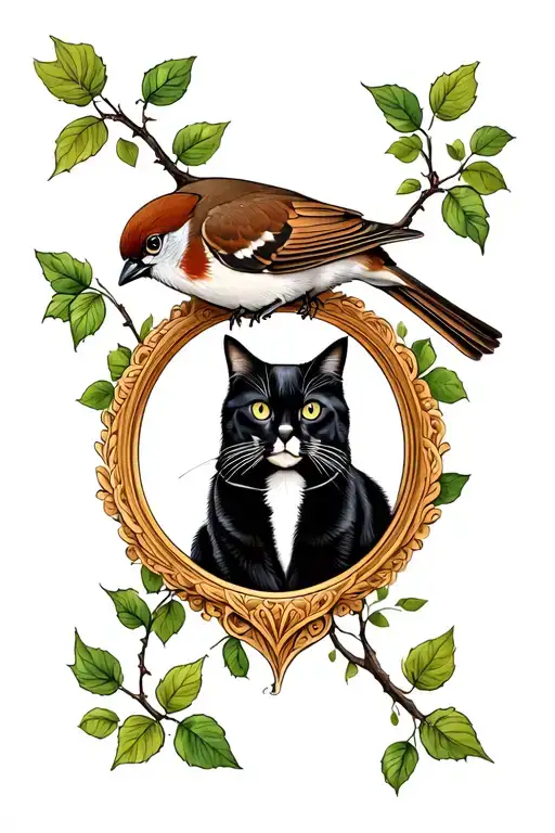 Vine With Sparrow On It And The Tuxedo Cat Under It