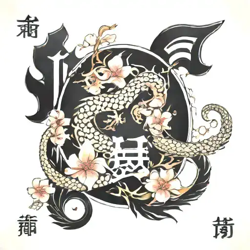Word Fushi In Kanji Written With Sakura Flowers And Dragon