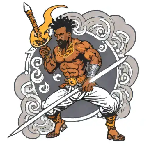 A Neo Traditional Tattoo Of A Powerful Negro Warrior Wielding A Blazing Sword