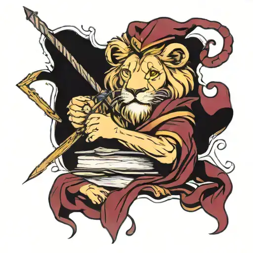 Lion With A Gryffindor Scarf Holding A Wand Sat On Books