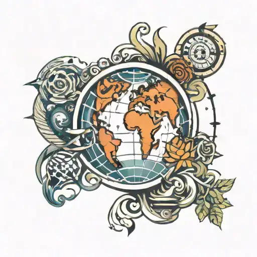 A Tattoo Of A Globe Surrounded By Traditional Symbols From Various Countries