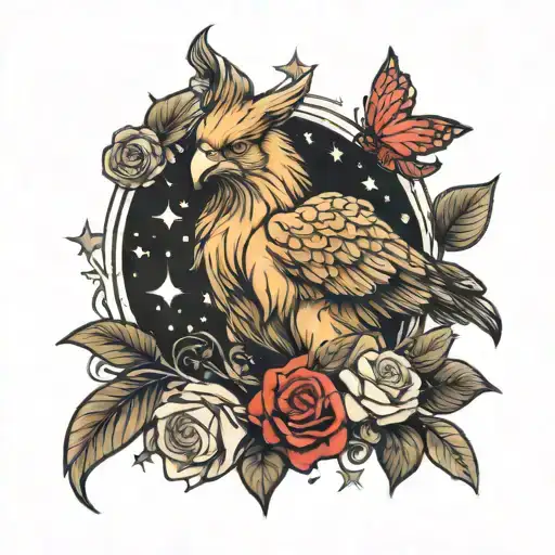 Griffin Surrounded By Rose And Lilly Under Stars