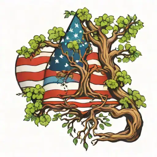 Tree With American Flag Intertwined