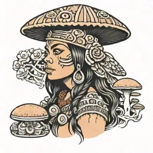 Aztec Schaman Girl With Mushrooms In Background