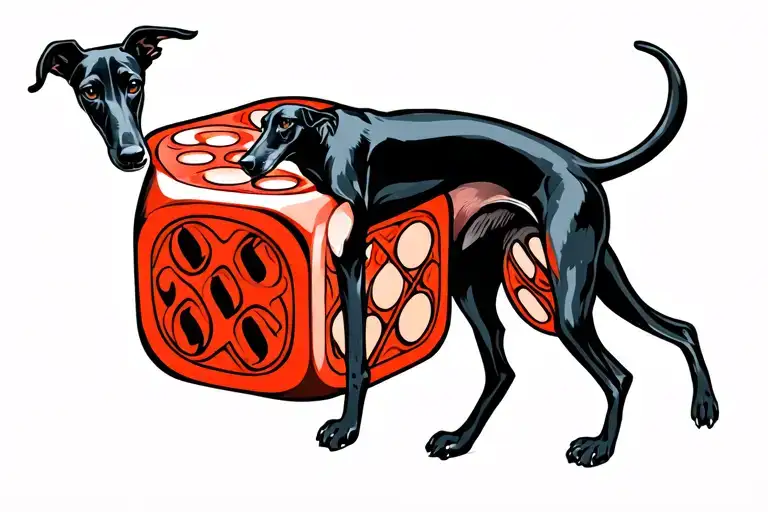Black Greyhound Standing On Large Dice With One Paw On Each Die
