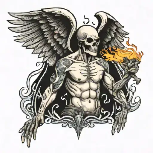 Man Doing Pull-ups With Skull Head And Breathing Fire Through The Angel Wings On His Back