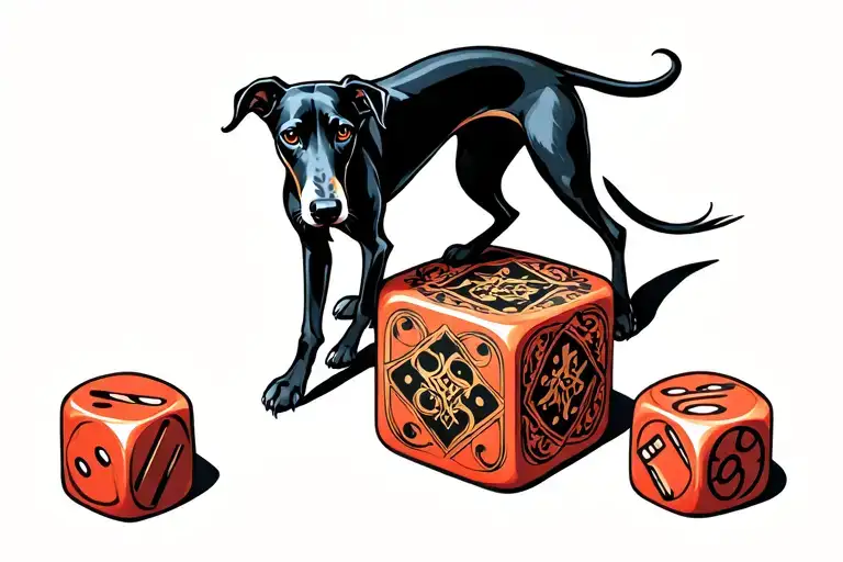Black Greyhound Standing On Large Dice With One Paw On Each Die