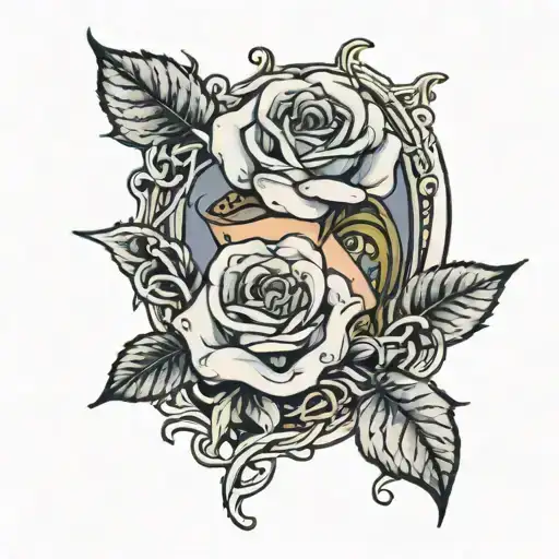 A Rose Intertwined With Mary Holding A Book And A Stone