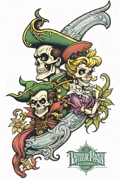 Peter Pan Sleeve Tattoo Depicting Skull Captain Hook Big Ben And Slutty Tinkerbell