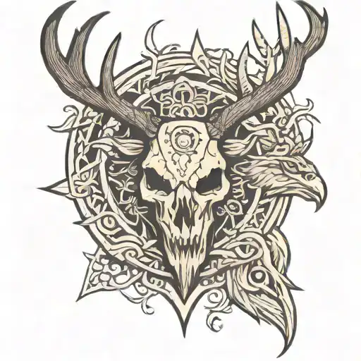 Deer Skull Antlers Tribal Style Wolf Head Eagle Courage