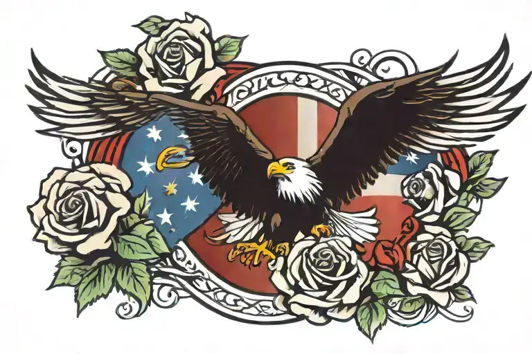 American Flag And Eagle With Rose Intertwined