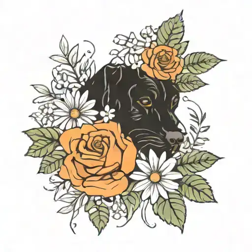 2 Black Dog Paw Prints With Thin Line Roses And Daisies Behind It And Lots Of Thin Leaves