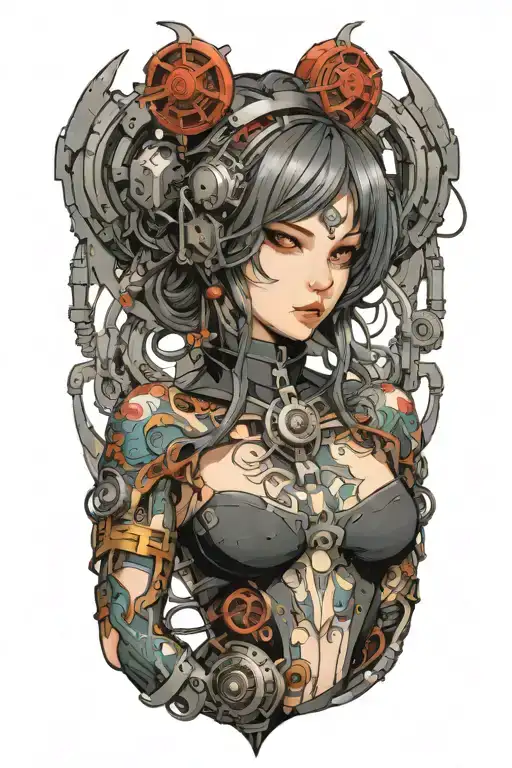 A Seductive Anime Girl With Intricate Mechanical Cybernetic Enhancements