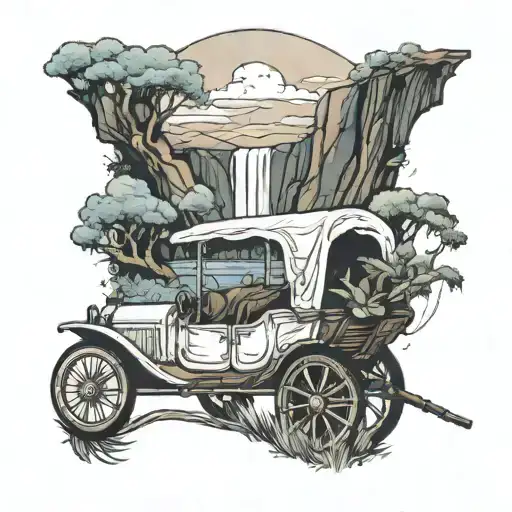 Wagon Landscape With White Car And Ends At A Waterfall