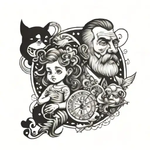 Father With Daughter Around Cartoons Surrounding Them