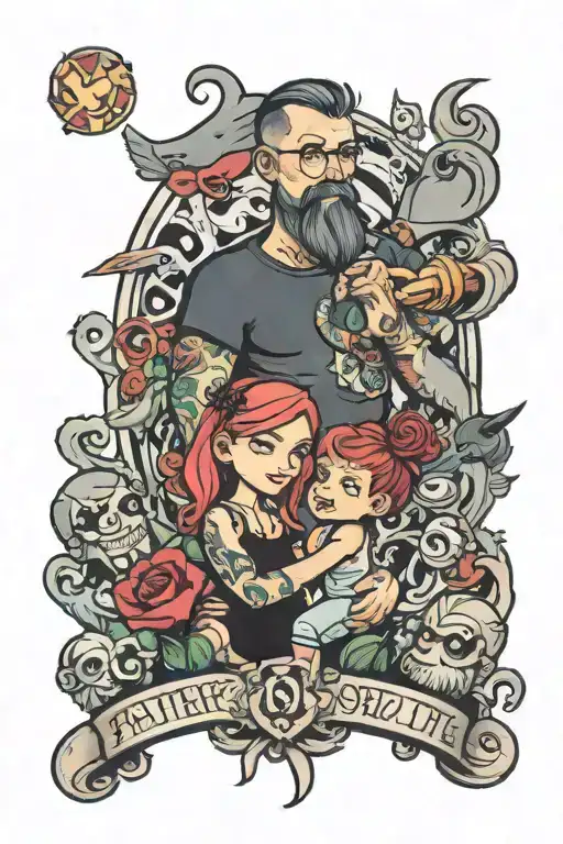 Father With Daughter Around Cartoons Surrounding Them