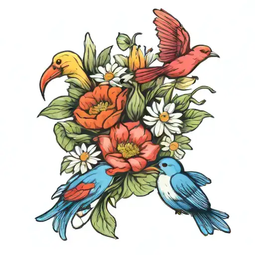 Bouquet With 4 Morning Glory's 1 Snowdrop 1 Water Lily 1 Marigold And 1 Daisy With Red Bird