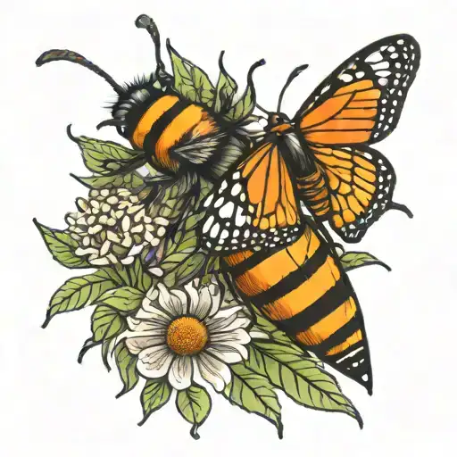 Bee And Monarch With Milkweed Bug Feeding