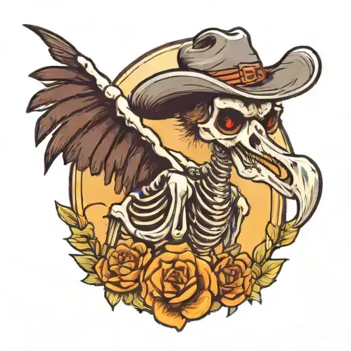 A Skeleton With A Cowboy Hat Riding A Ostrich
