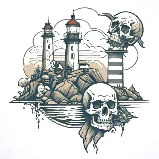 Lighthouse And Mountain And Skull