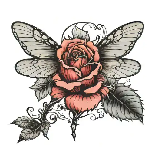 Colored Neo Traditional Rose With Black And Grey Dragonfly