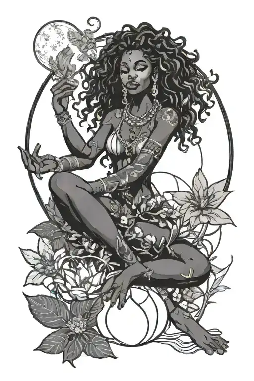 Sun And Moon Merging With A Black Woman In A Lotus Pose Mediating With Plants Surrounded