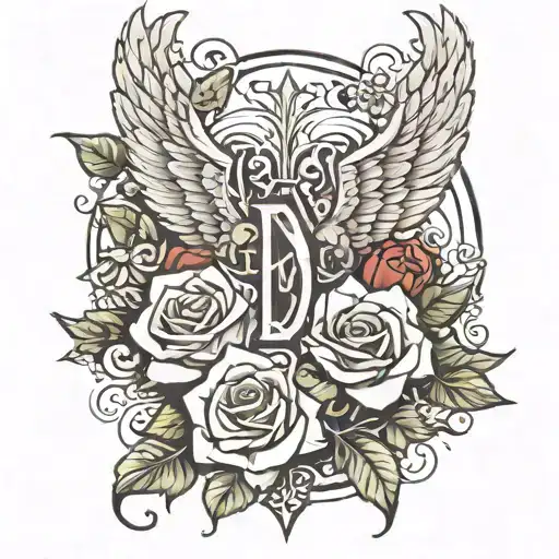 Angel Wings And Roses Intertwined With A Diamond And The Letter D