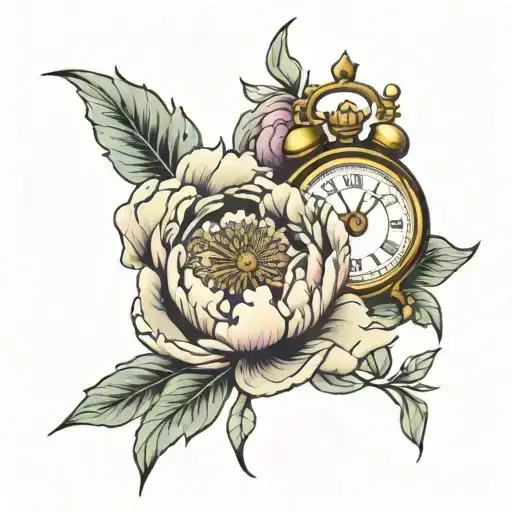 Peony Flower With A Clock In The Middle And A Basketball At The Bottom