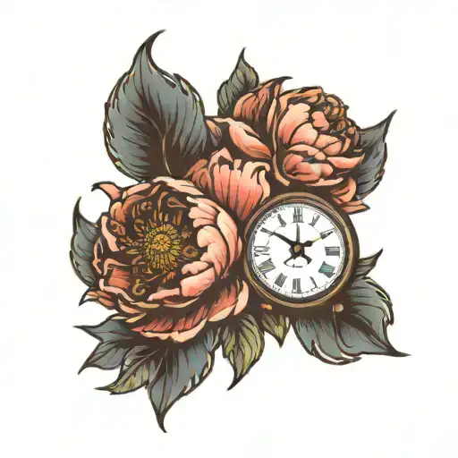 Peony Flower With A Clock In The Middle And A Basketball