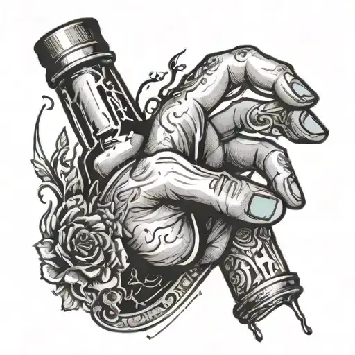 Hand With An X Holding A Broken Bottle