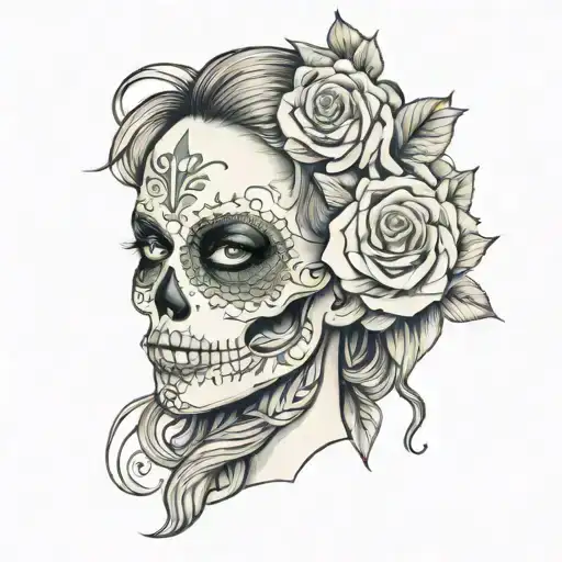 Female Half Sugar Skull Half Human Face