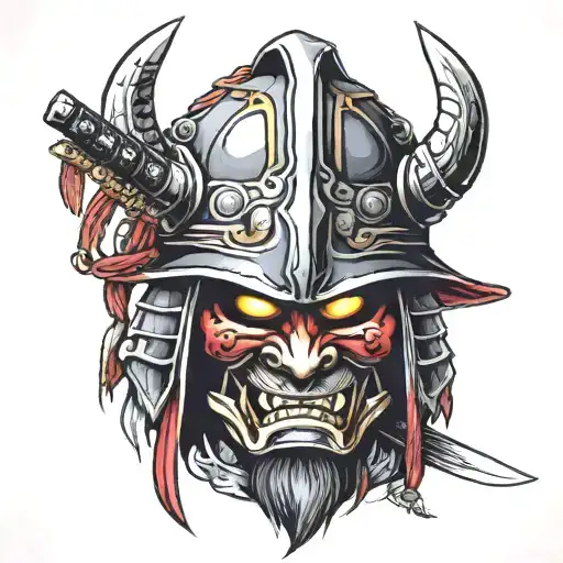 Traditional Samurai Helmet With Demon Mask Crossed Katana And Yari Spear