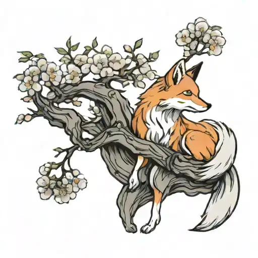 Sakura Tree And Kitsune Fox